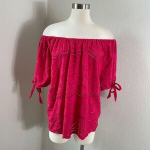 Sundance Womens XL Pink Eyelet Cotton Top With Short Tie Sleeve Shirt